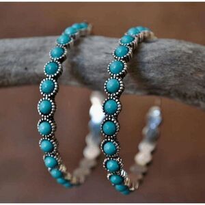 SILVER TURQUOISE HOOP WESTERN SOUTHWESTERN EARRINGS